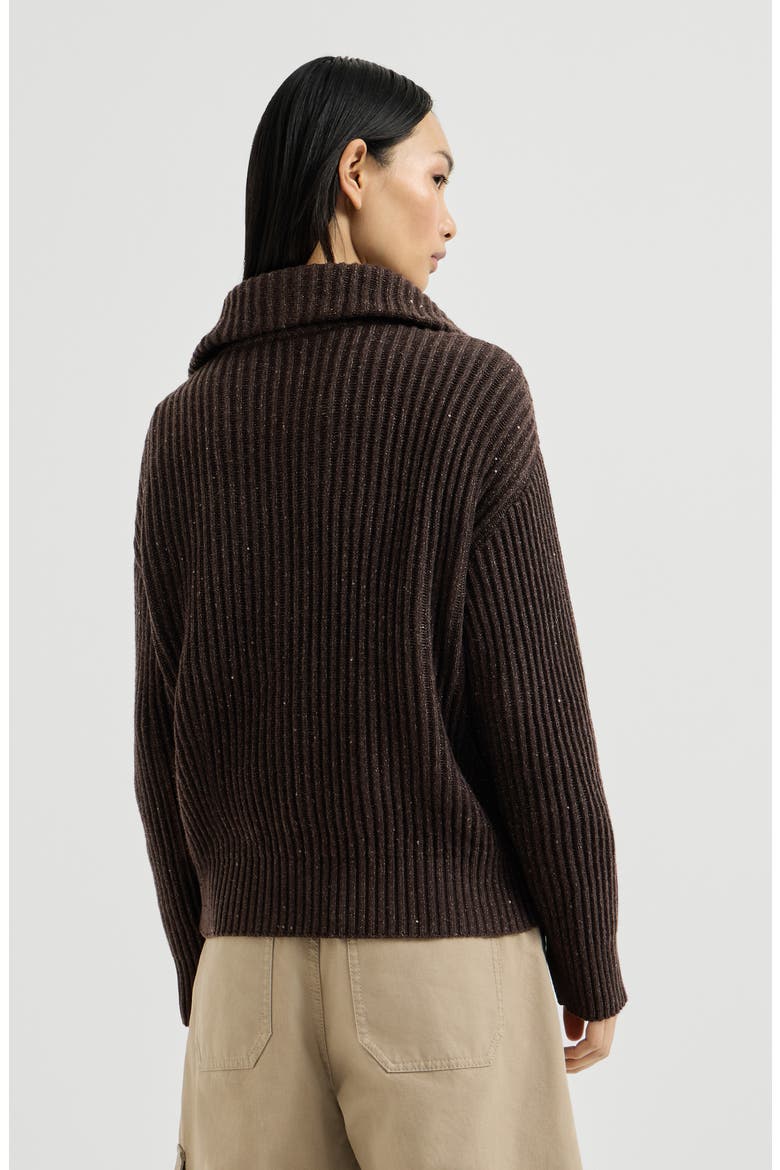 Sparkling & Dazzling cashmere and wool ribbed cardigan with shiny zipper pull, Alternate, color, Coffee