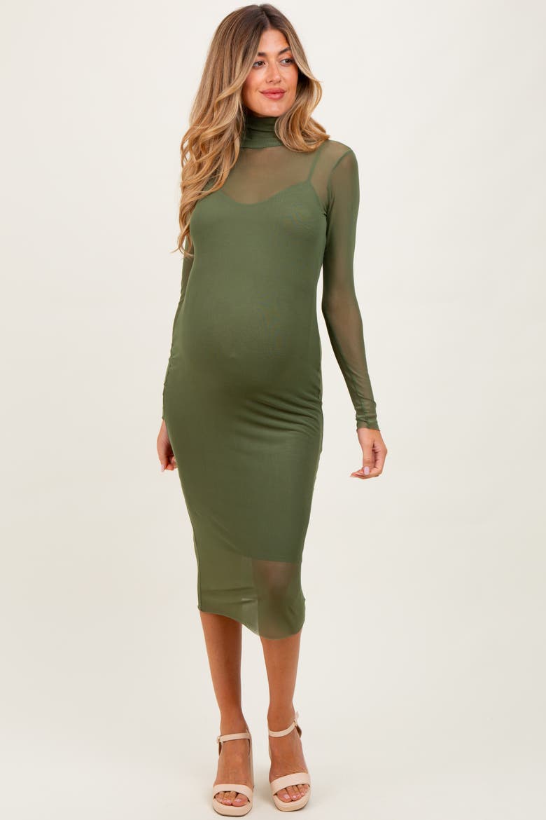 Mesh Overlay Fitted Midi Dress, Alternate, color, Olive Green