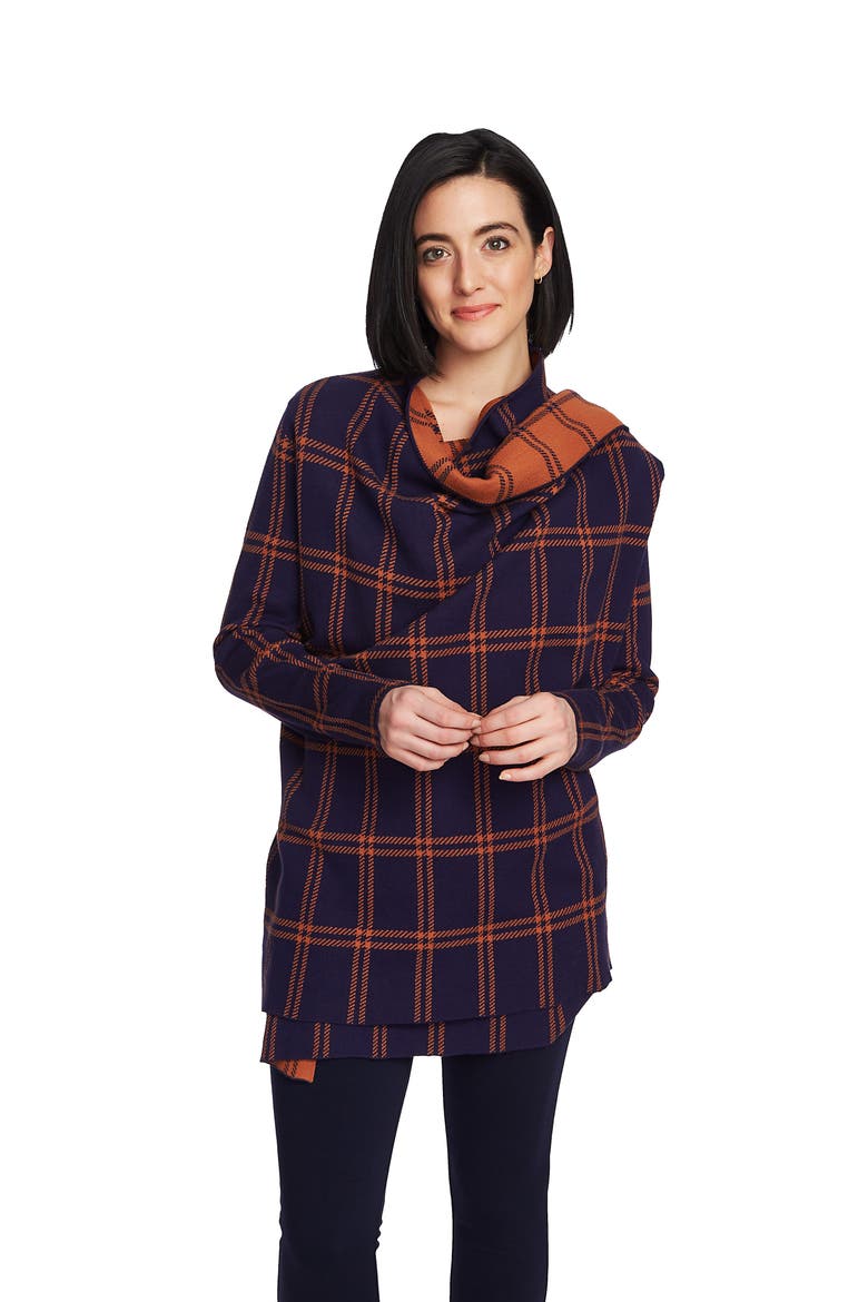 Plaid Long Double Knit Cardigan, Alternate, color, EVENING NAVY