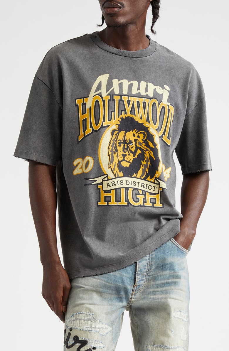 AMIRI High Lion Distressed Cotton Graphic T-Shirt, Main, color, Dark Grey