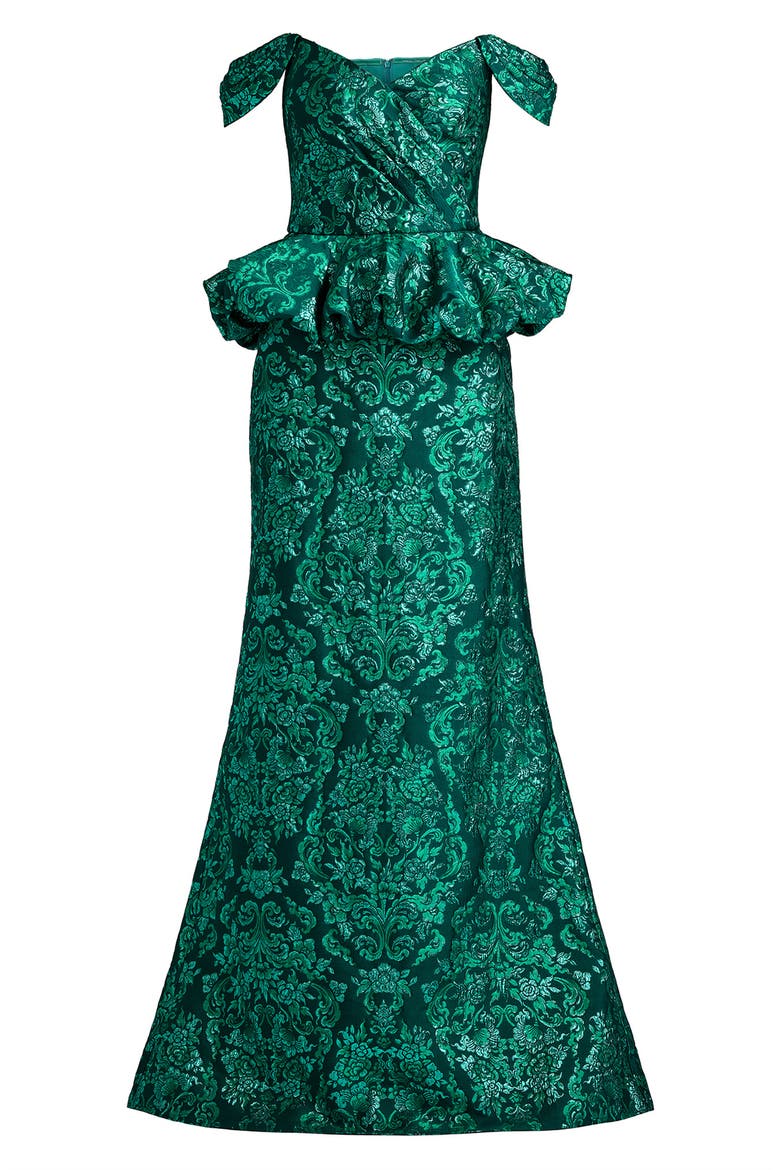 Medallion Jacquard Peplum Gown, Alternate, color, EMERALD GREEN/ MULTI
