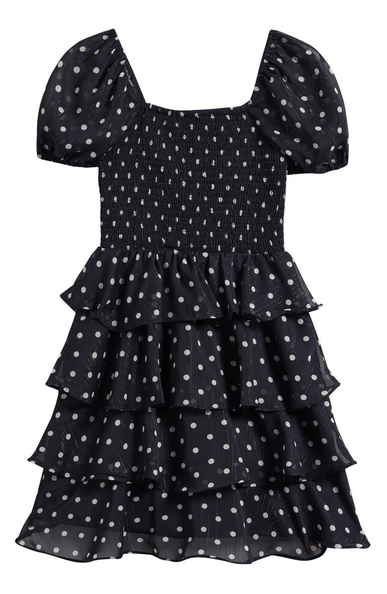 Walking on Sunshine Kids' Tiered Dot Print Dress, Alternate, color, Navy Ivory Dot