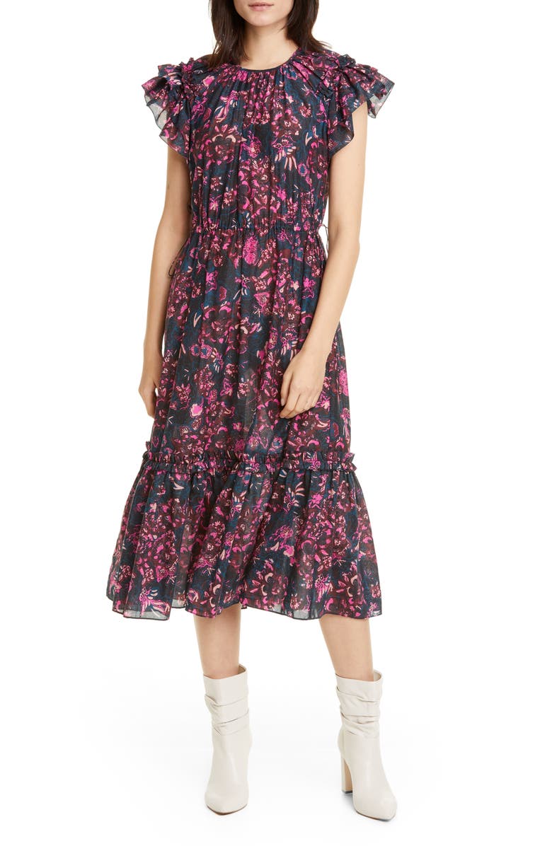 Ulla Johnson Arlene Ruffle Tiered Midi Dress, Main, color, 