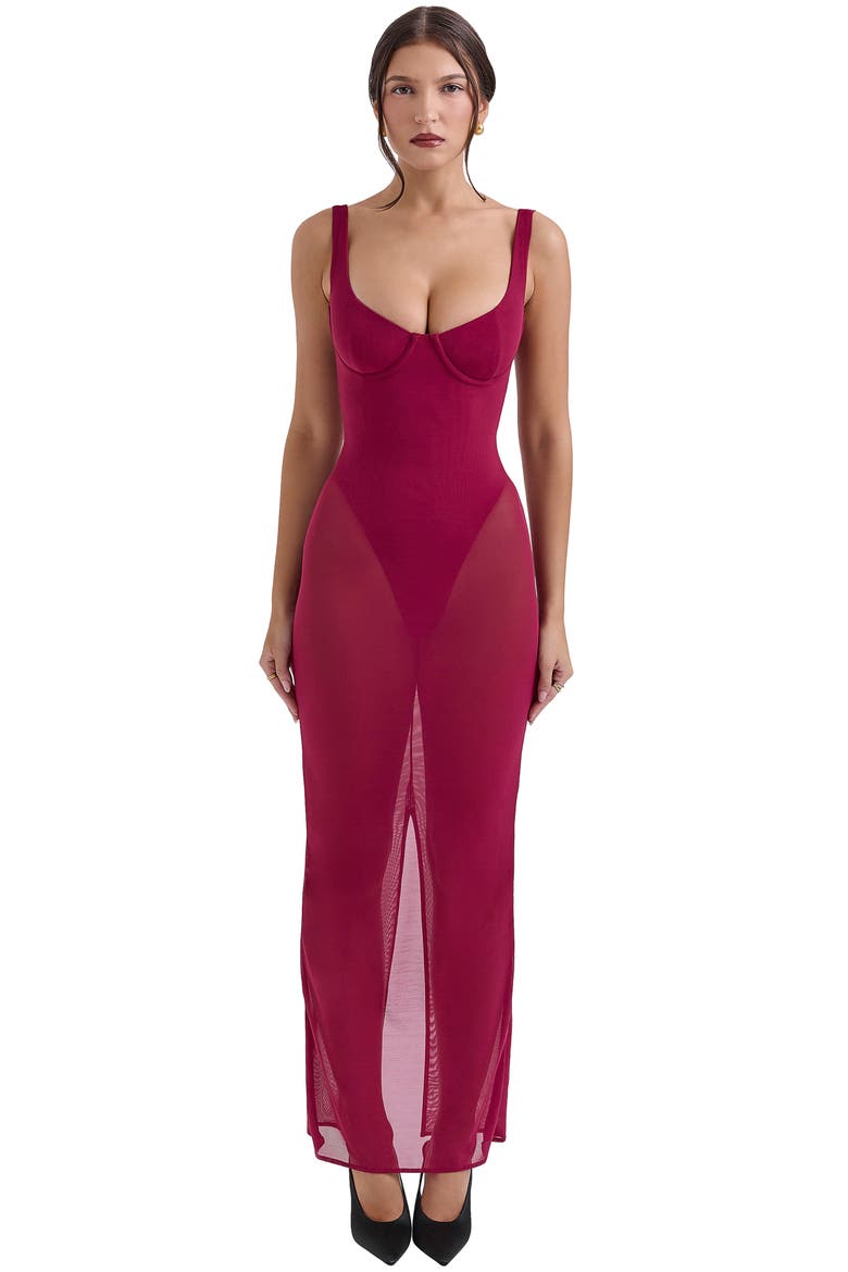 Robina Sheer Mesh Overlay Maxi Cocktail Dress, Alternate, color, BEET RED