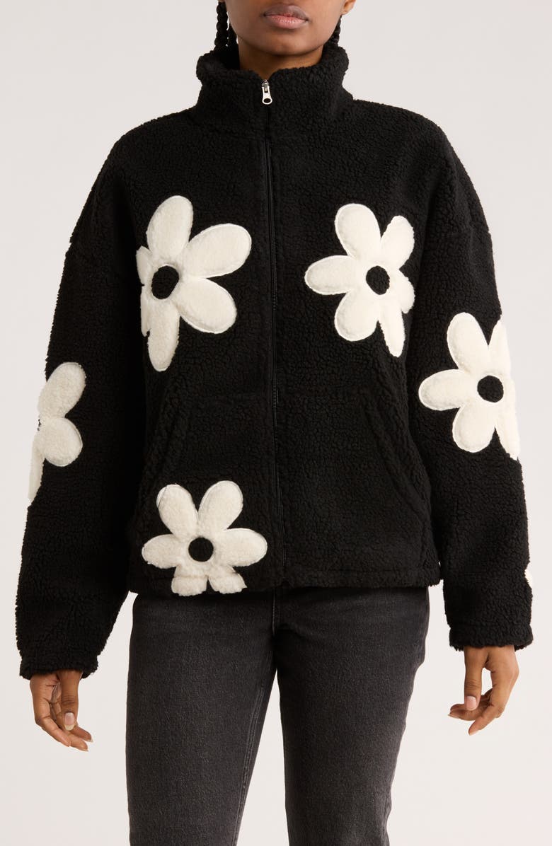 RDI Flower Appliqué Faux Shearling Zip Jacket, Main, color, Black