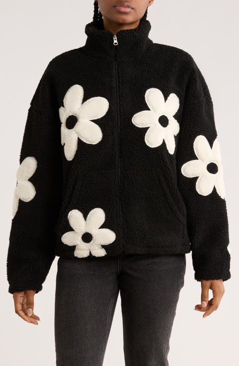Flower Appliqué Faux Shearling Zip Jacket