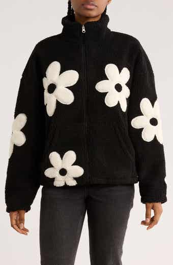 INTERNATIONAL DESIGNER Flower Appliqué Faux Shearling Zip Jacket