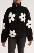 INTERNATIONAL DESIGNER Flower Appliqué Faux Shearling Zip Jacket