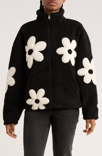 Rdi Flower Appliqué Faux Shearling Zip Jacket In Black