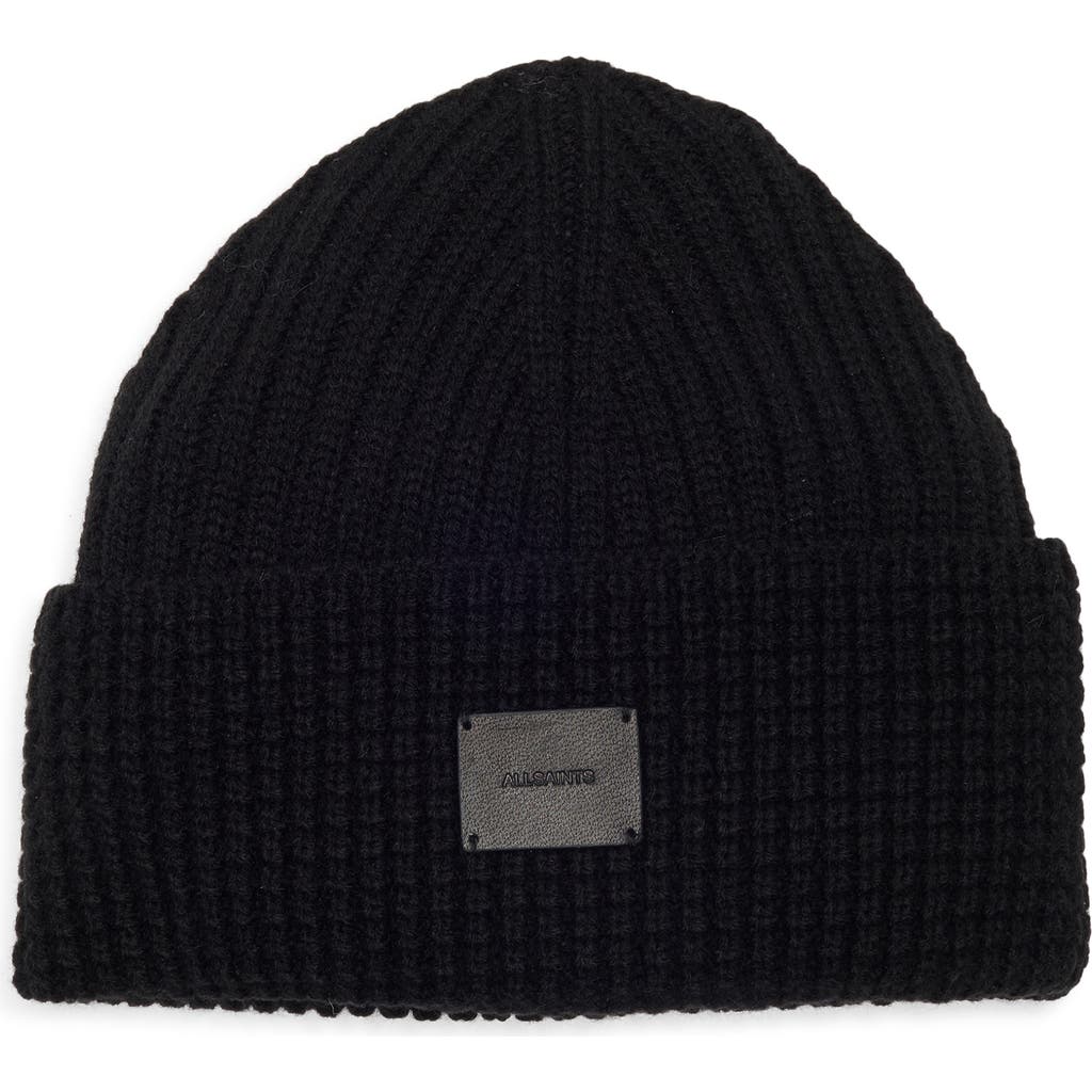 Allsaints Logo Patch Cuffed Beanie In Black