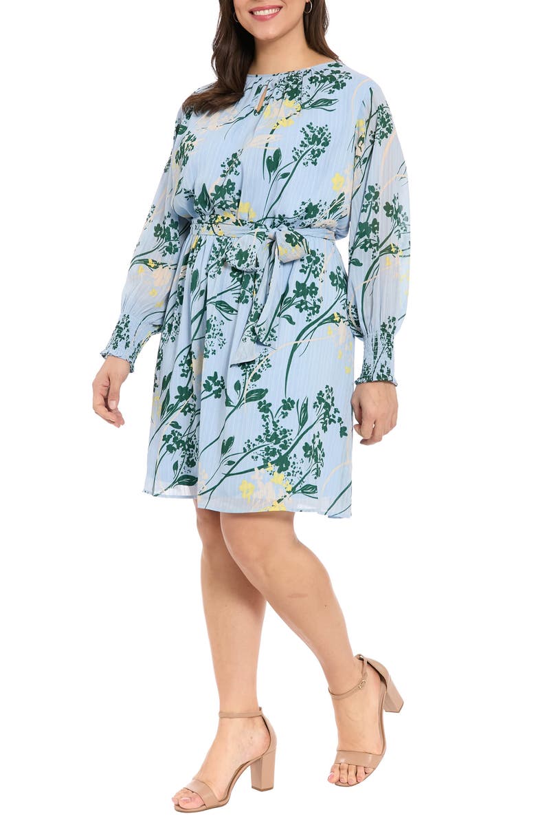 London Times Tie Waist Long Sleeve Dress, Alternate, color, Light Blue/ Green