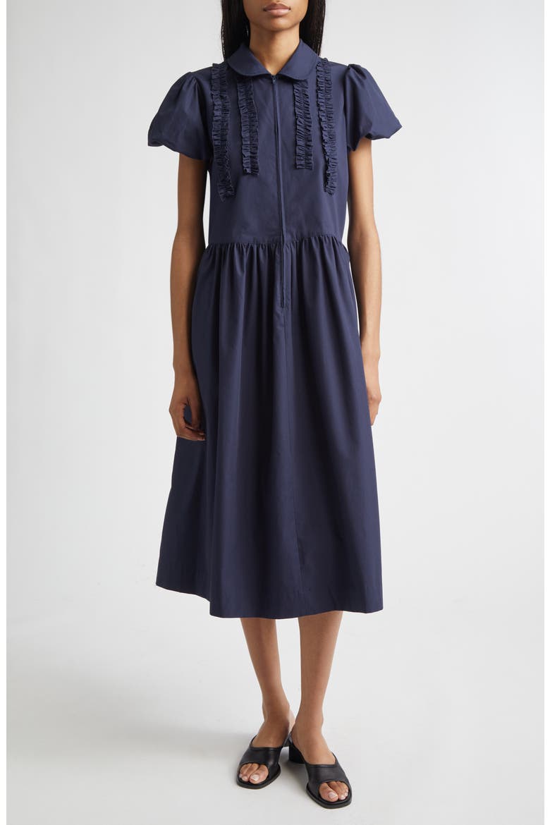 Ensemble Ruffle Cotton Poplin Midi Dress, Main, color, NAVY