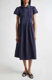 Sandy Liang Ensemble Ruffle Cotton Poplin Midi Dress