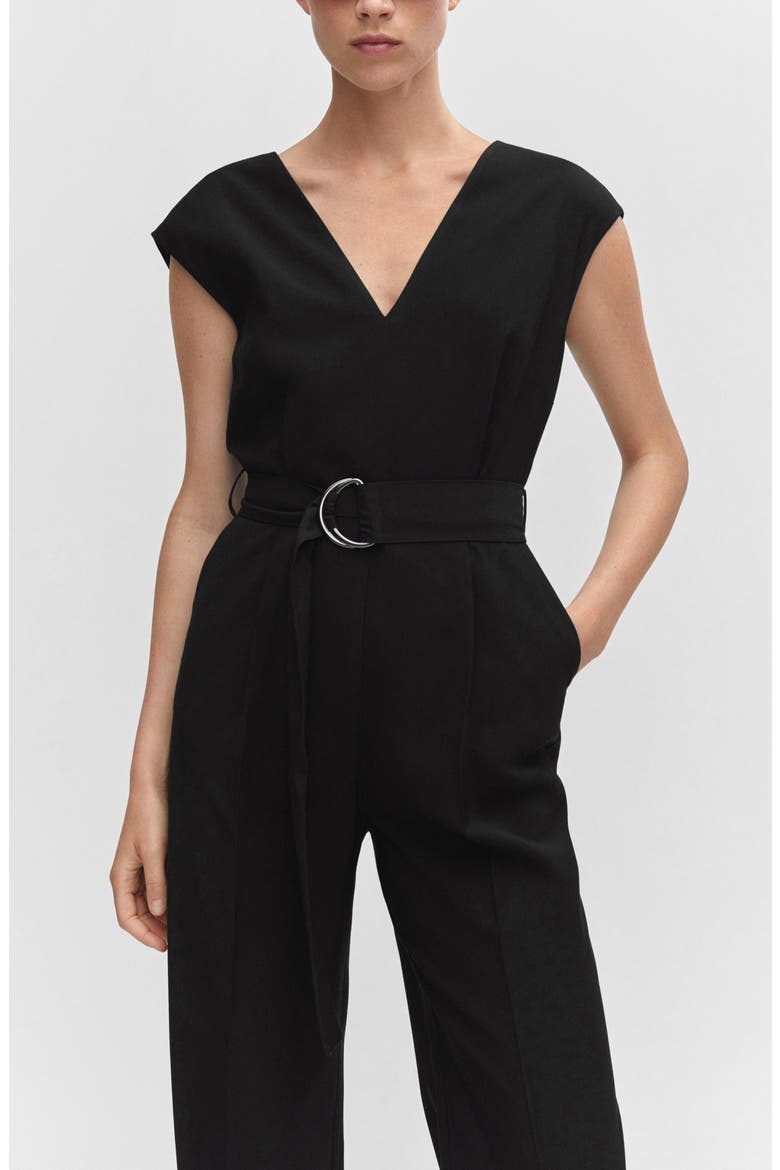 V-Neck Belted Jumpsuit, Alternate, color, BLACK