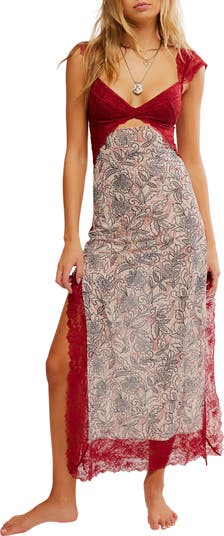 Suddenly Fine Floral Print Cutout Lace Trim Nightgown