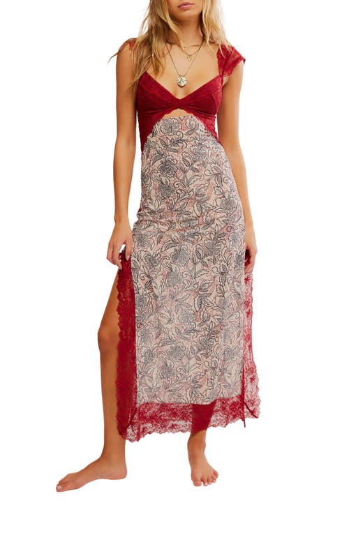 Free People Suddenly Fine Floral Print Cutout Lace Trim Nightgown In Brown