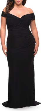 La Femme Long Net Jersey Plus Dress with Bodice Design