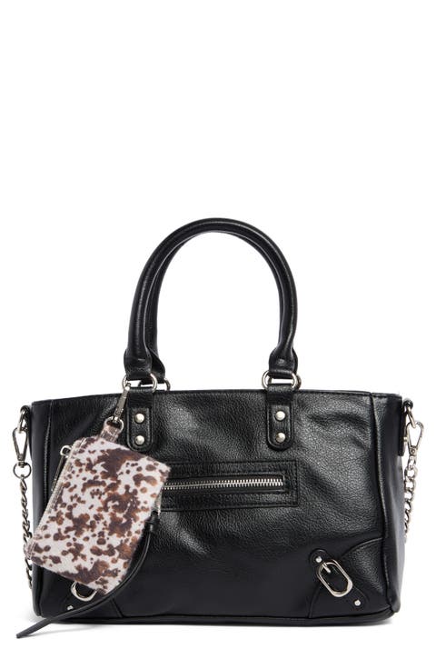 Faux Leather Bowler Top Handle Bag & Charm