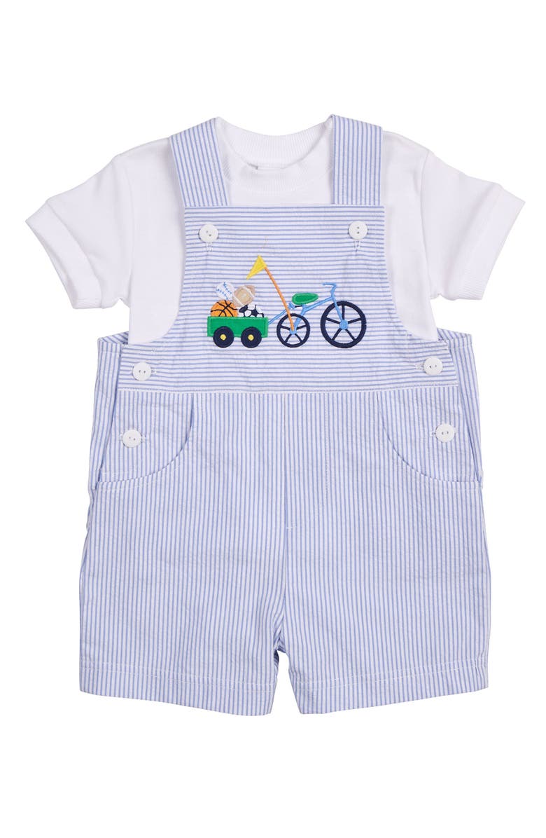 Florence Eiseman Seersucker Shortall With Bike & Sport Balls, Alternate, color, Blue / White