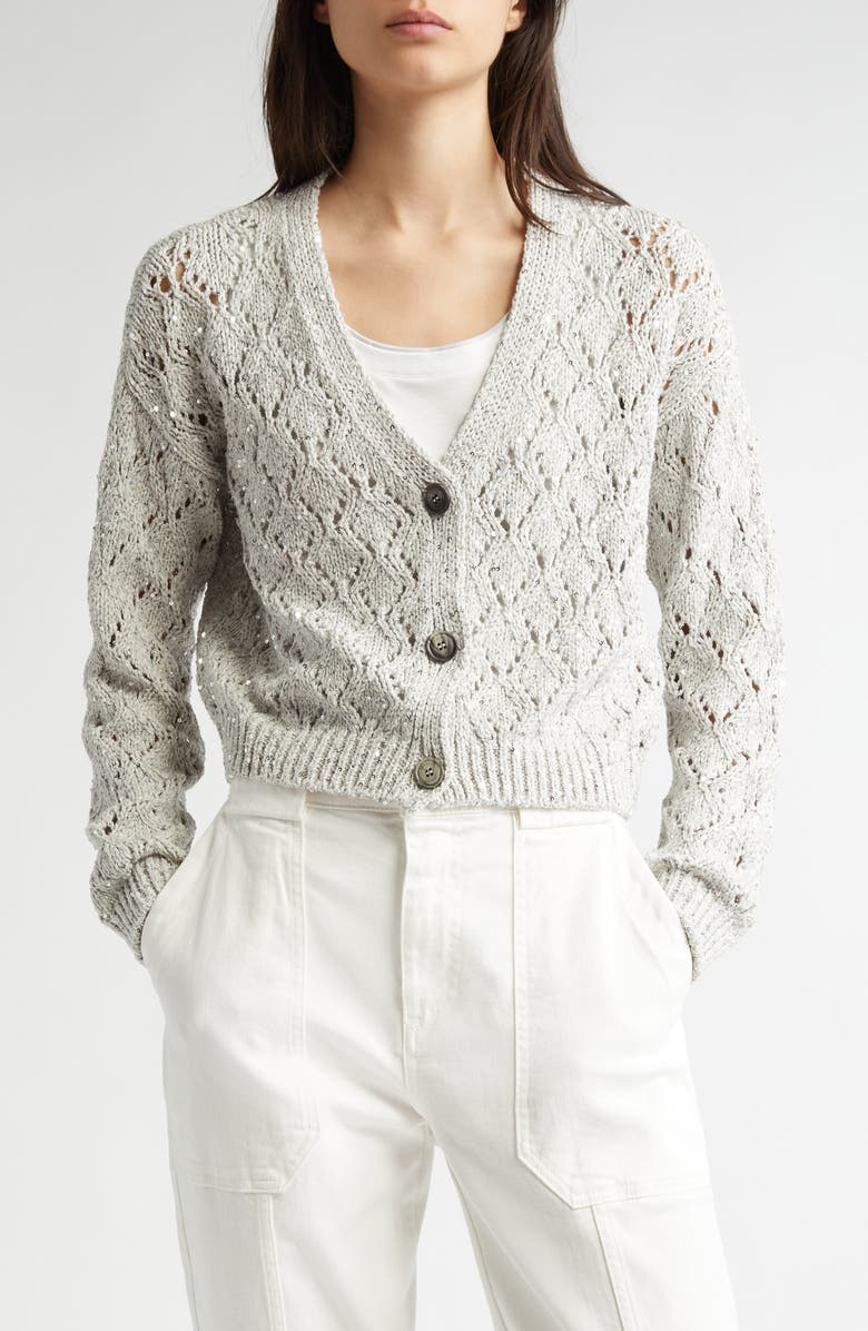 Eleventy Sequin Open Diamond Stitch Short Cardigan, Main, color,