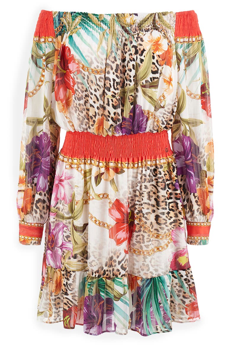 Long Sleeve Off the Shoulder Dress, Alternate, color, CORAL JUNGLE