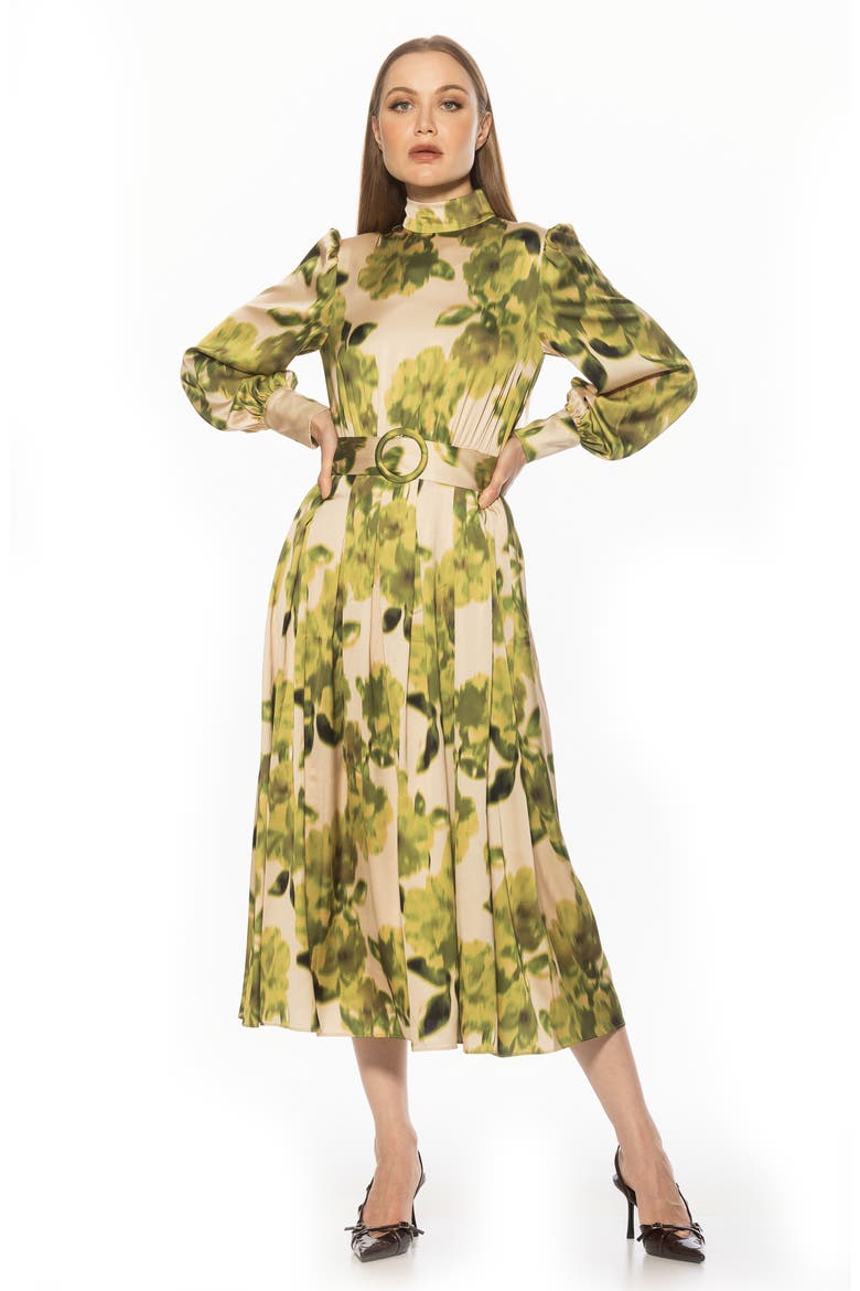 Safiya Long Sleeve Belted Fit & Flare Dress, Alternate, color, GREEN FLORAL