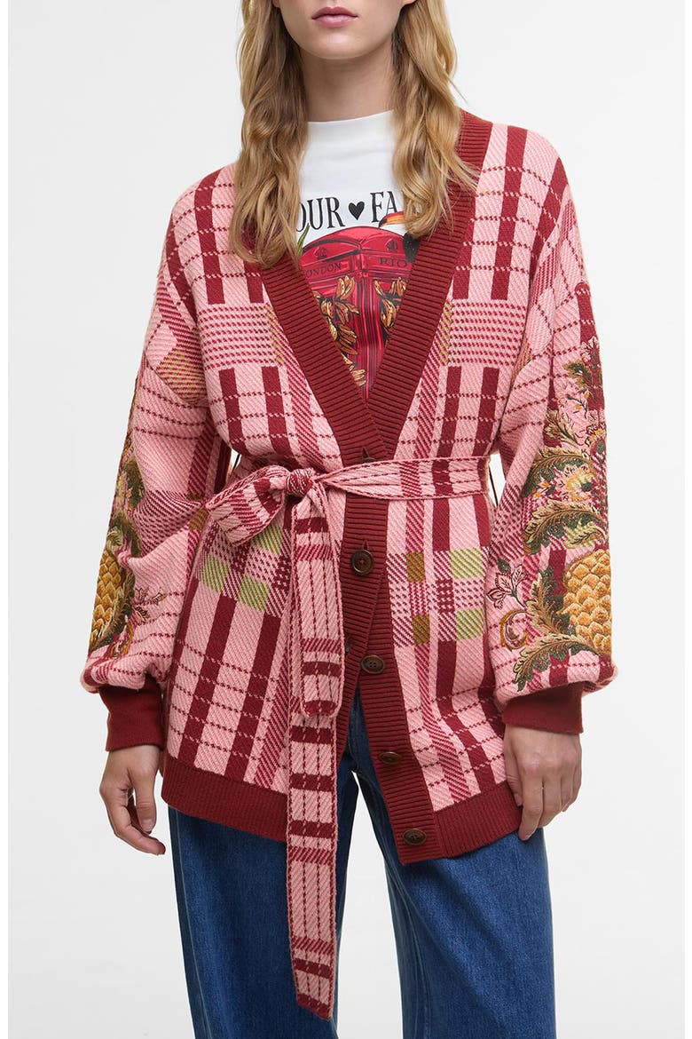 x Farm Rio Luisa Long Belted Cardigan, Main, color, PINK TARTAN