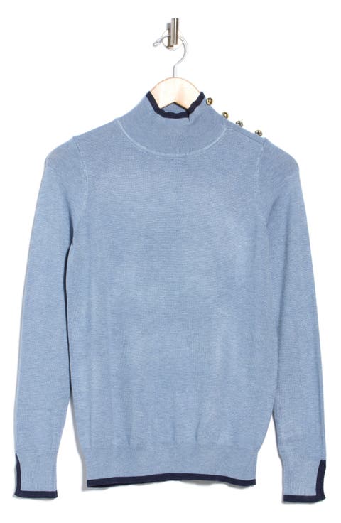 Tipped Button Shoulder Mock Neck Sweater