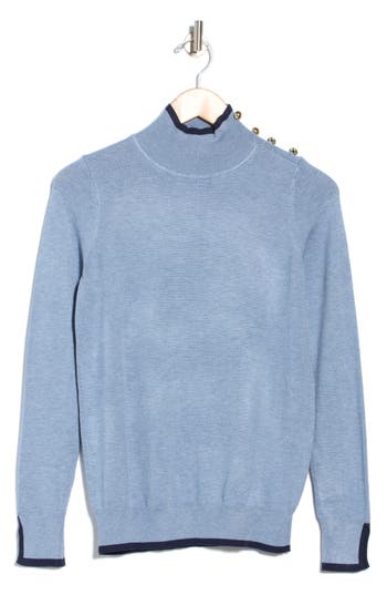 Joseph A Tipped Button Shoulder Mock Neck Sweater In Blue