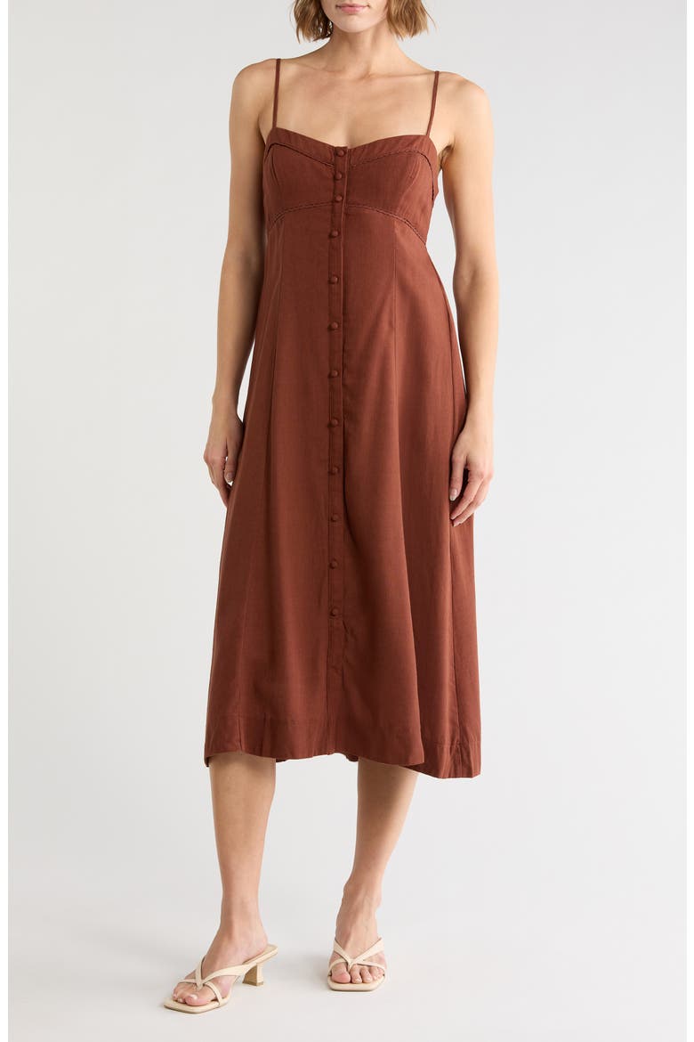 Button Down A-Line Midi Dress, Main, color, BROWN