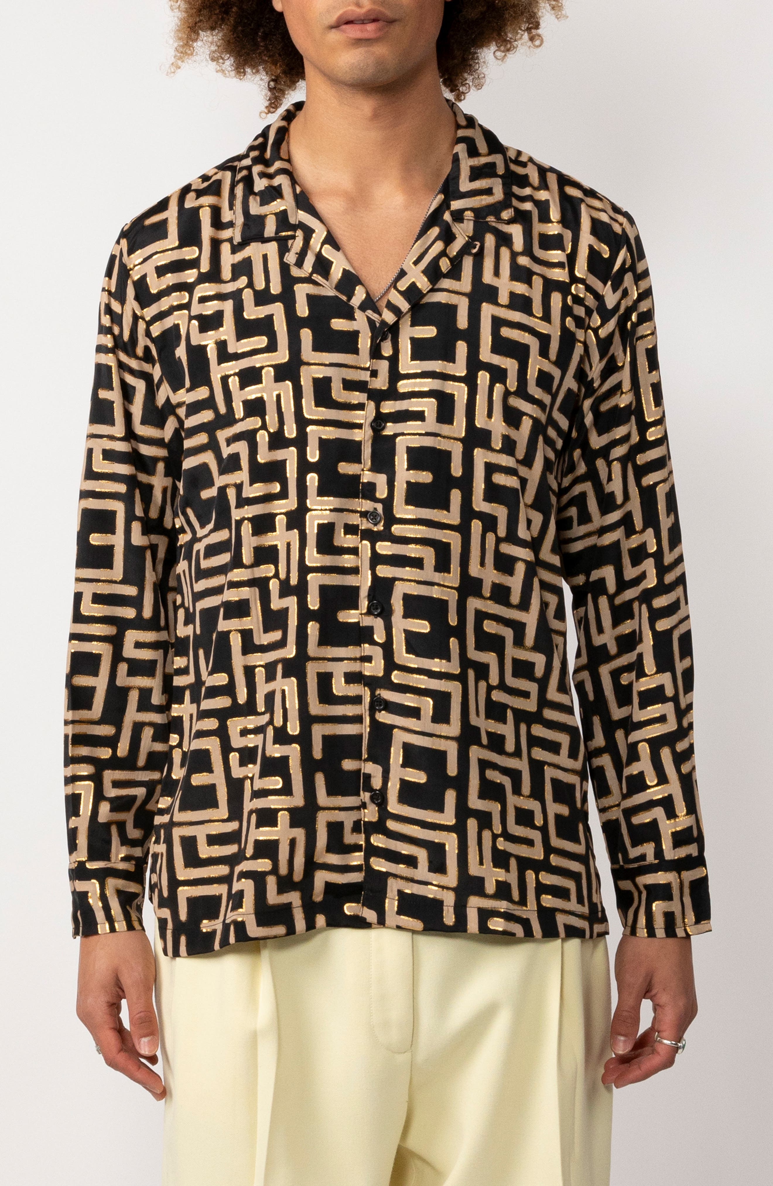 Raga Man Ishaan Metalic Geo Print Camp Collar Button-Up Shirt