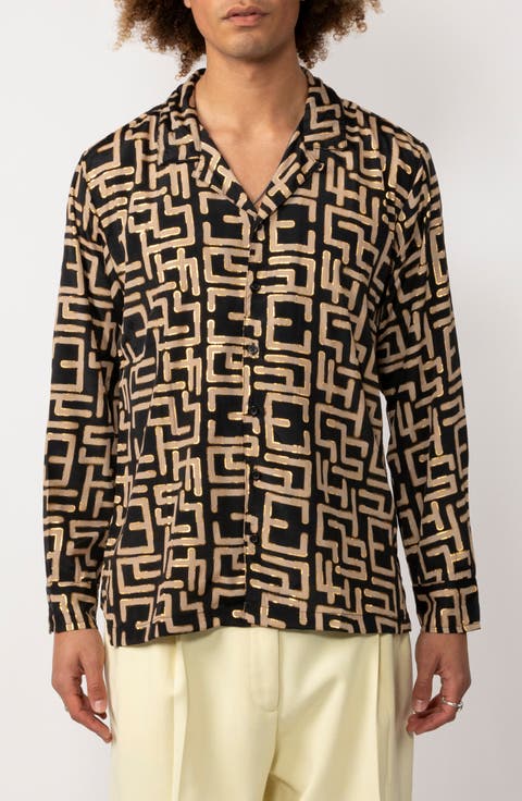 Ishaan Metalic Geo Print Camp Collar Button-Up Shirt