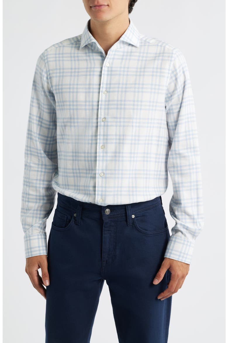 Modern Fit Plaid Cotton Flannel Dress Shirt, Main, color, BLUE