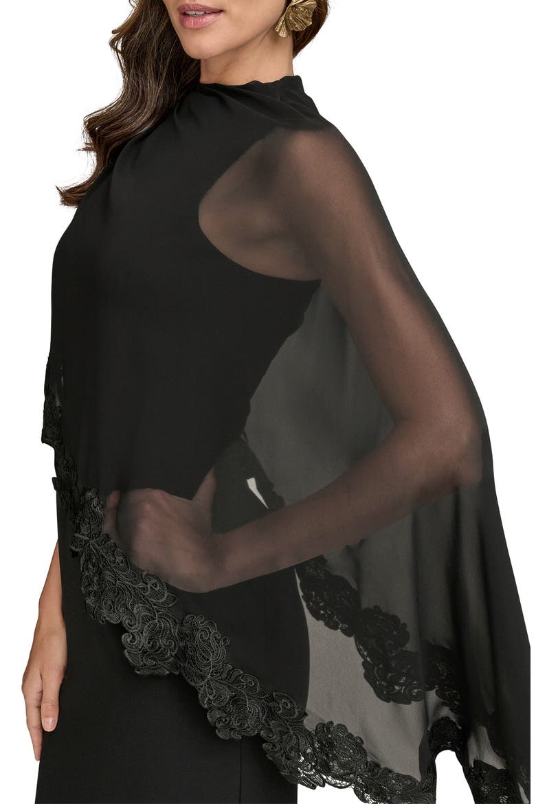 Lace Trim Chiffon Capelet Scuba Knit Cocktail Dress, Alternate, color, BLACK