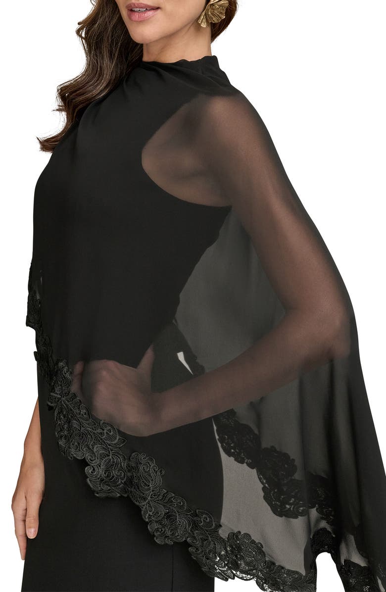 Donna Karan New York Lace Trim Chiffon Capelet Scuba Knit Cocktail Dress, Alternate, color, Black