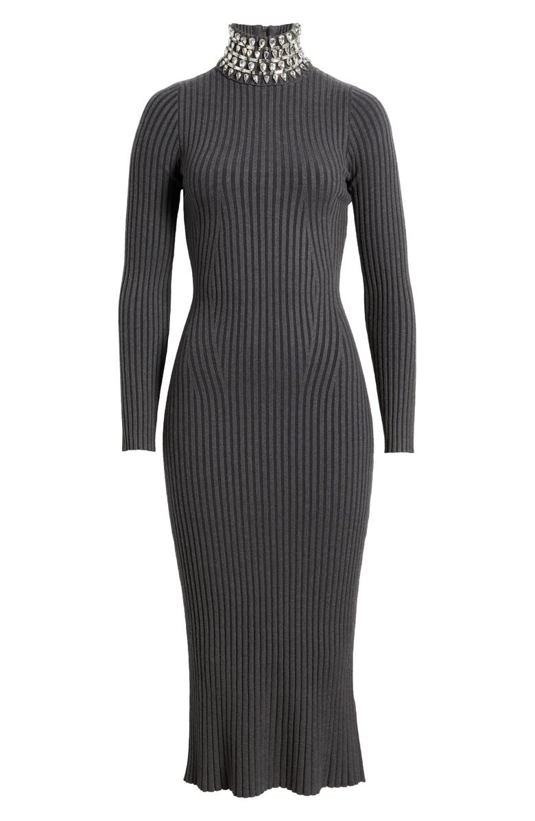 bebe Crystal Neck Long Sleeve Rib Midi Dress, Alternate, color, Charcoal