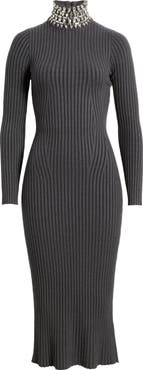 bebe Crystal Neck Long Sleeve Rib Midi Dress