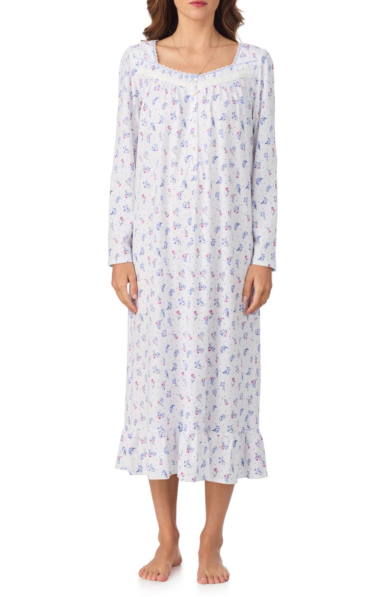 Eileen West Long Sleeve Cotton Jersey Nightgown, Main, color, White Dot