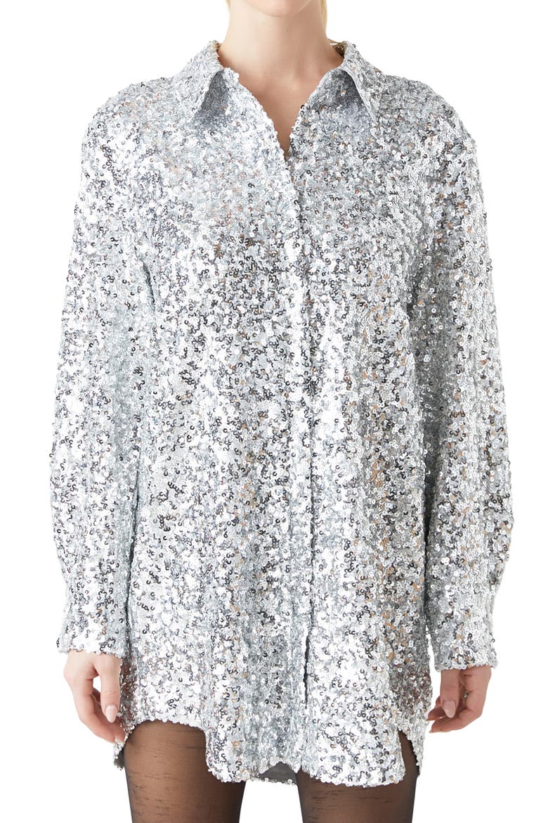 Sequin Long Sleeve Mini Shirtdress, Alternate, color, SILVER