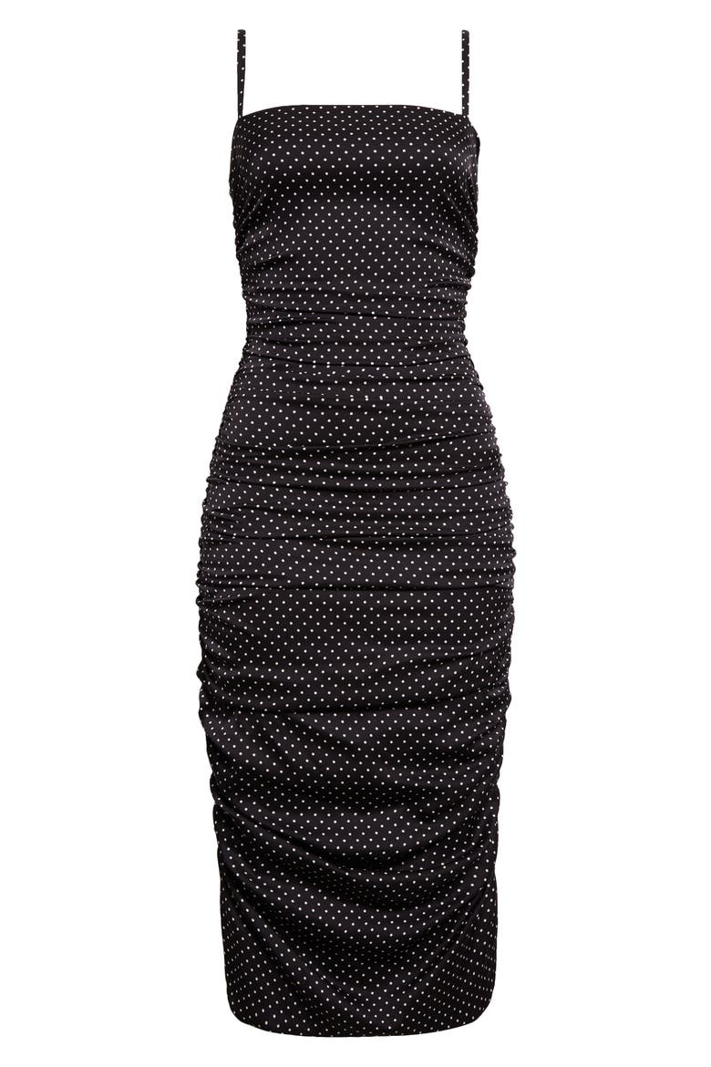 Polka Dot Ruched Charmeuse Sheath Dress, Alternate, color, BIANCO/ NERO