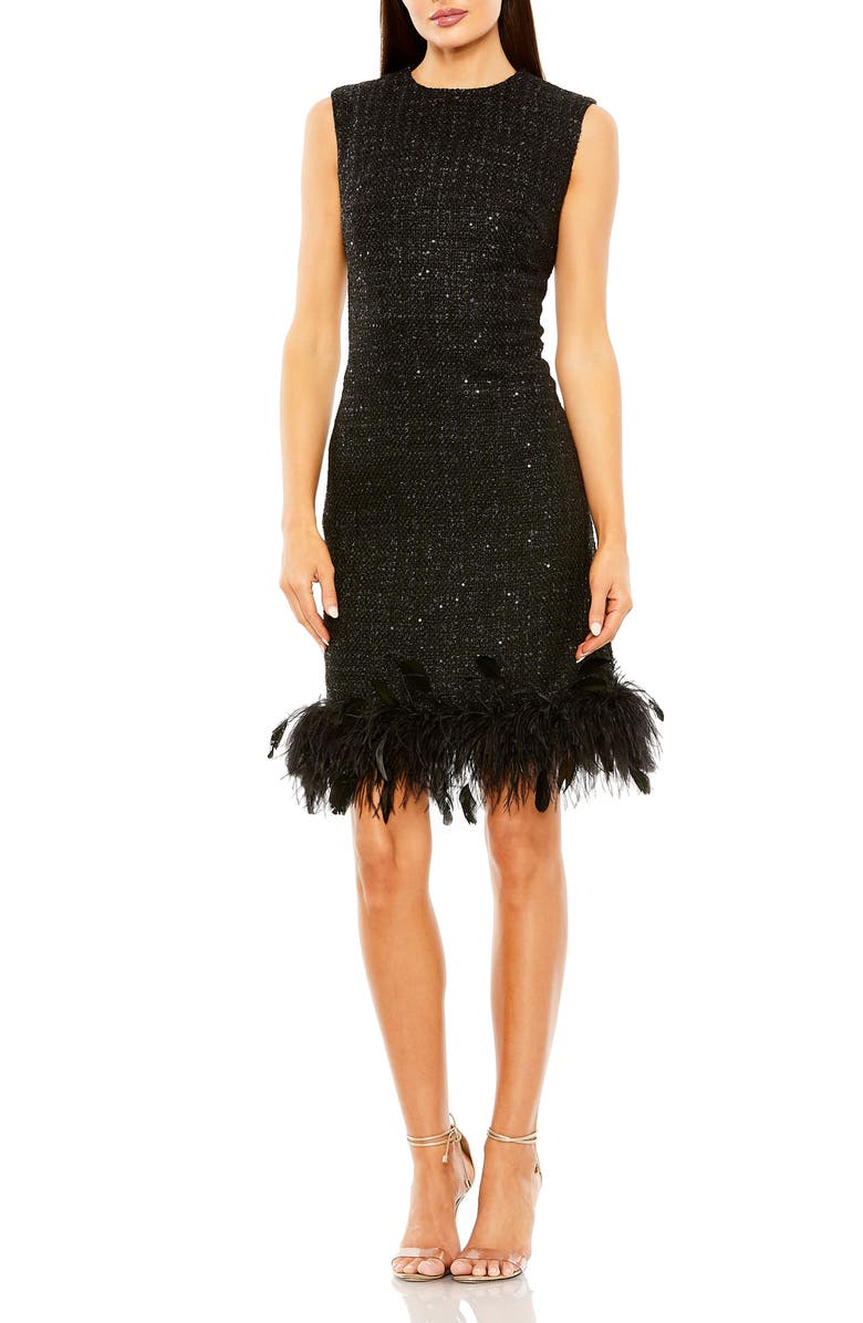 Mac Duggal A-Line Shift Dress with Feather Trim, Main, color, Black