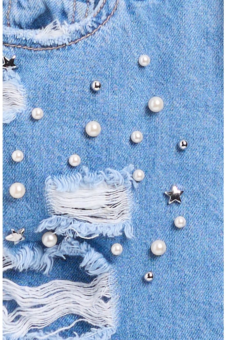 Kids' Imitation Pearl & Rhinestone Ripped Denim Skort, Alternate, color, LIGHT WASH