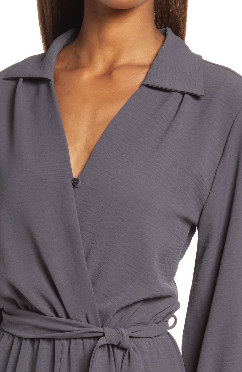 Fraiche by J Tie Waist Long Sleeve Jumpsuit, Alternate, color, Charcoal