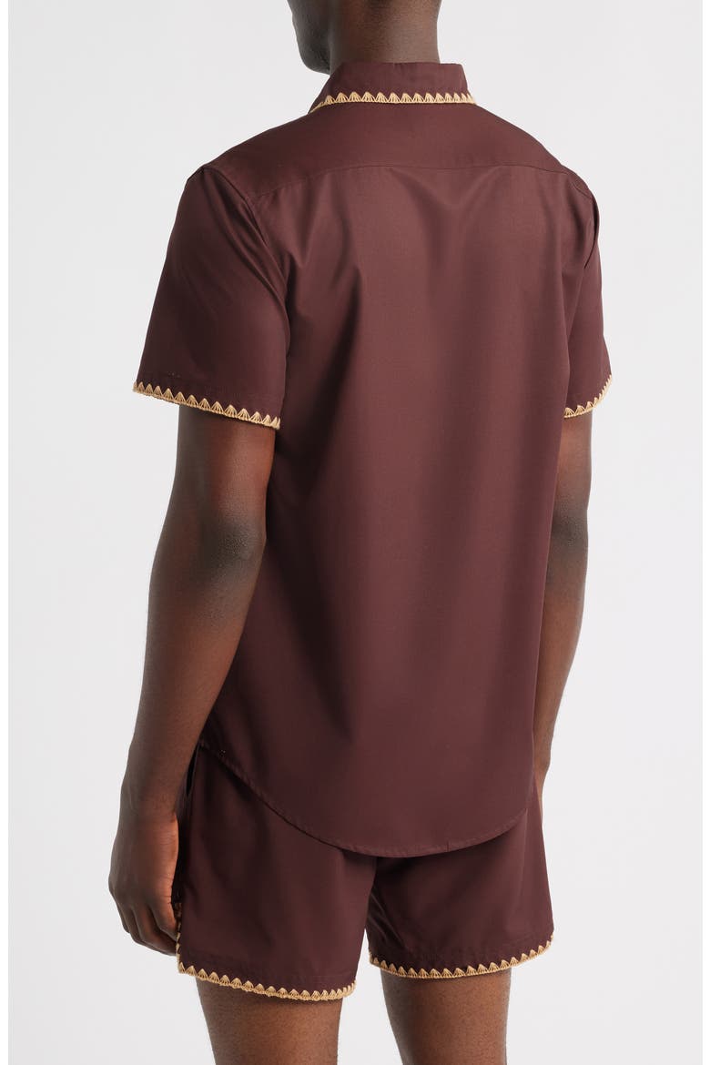 Espresso Crochet Trim Short Sleeve Button-Up Shirt, Alternate, color, BROWN