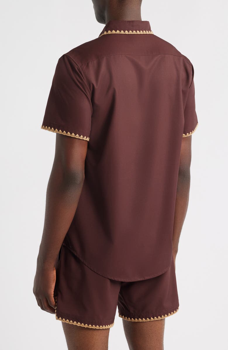 MAVRANS Espresso Crochet Trim Short Sleeve Button-Up Shirt, Alternate, color, Brown