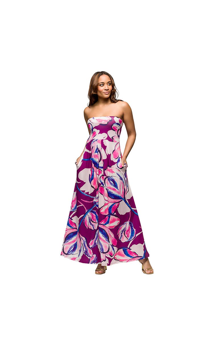 24seven Comfort Apparel Maternity Purple Floral A-Line Strapless Maxi Dress With Pockets, Main, color,