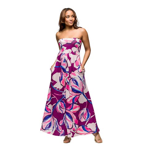 Maternity Purple Floral A-Line Strapless Maxi Dress With Pockets