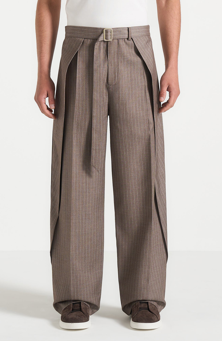 Manière De Voir Charles Wide Fit Wrap Leg Pinstripe Tailored Trousers, Alternate, color, Taupe