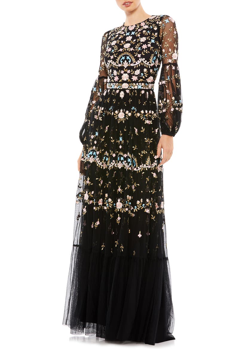 Embroidered Floral Long Sleeve Gown, Main, color, BLACK