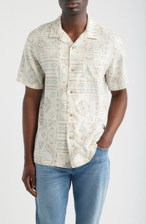 Geo Print Linen Blend Camp Shirt